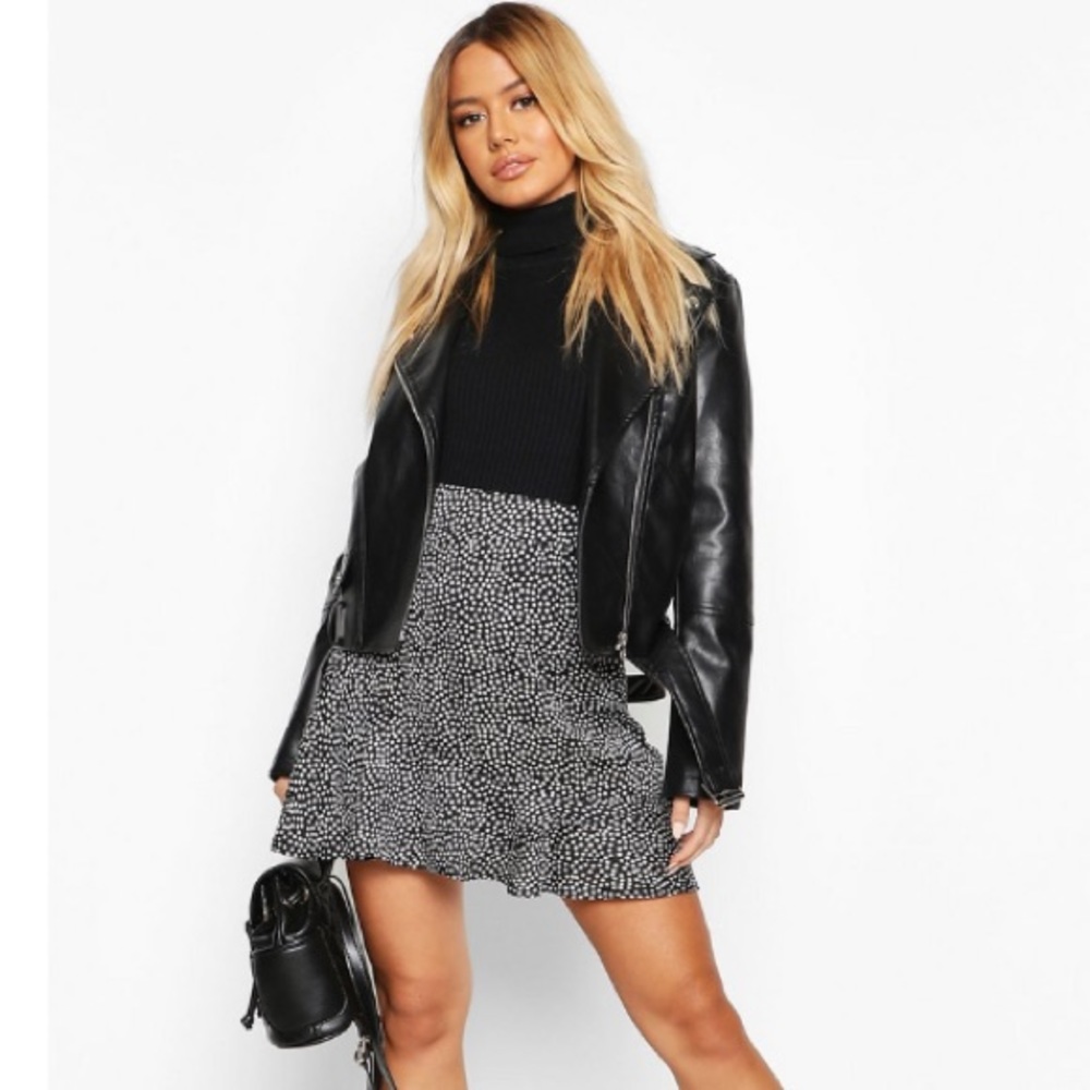 Petite satin polka dot mini skirt with ruffle hem